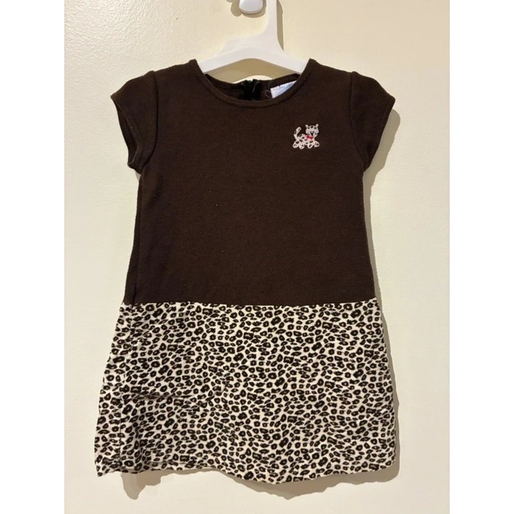 A Little Angel Vintage Girls Size 5 Brown Leopard Print Kitten Embroidered Dress